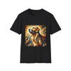Black dog t-shirt featuring golden retriever portrait with fiery gold, blue, and amber abstract swirls.