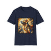 Navy dog t-shirt featuring golden retriever portrait with fiery gold, blue, and amber abstract swirls.