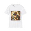 White dog t-shirt featuring golden retriever portrait with fiery gold, blue, and amber abstract swirls.