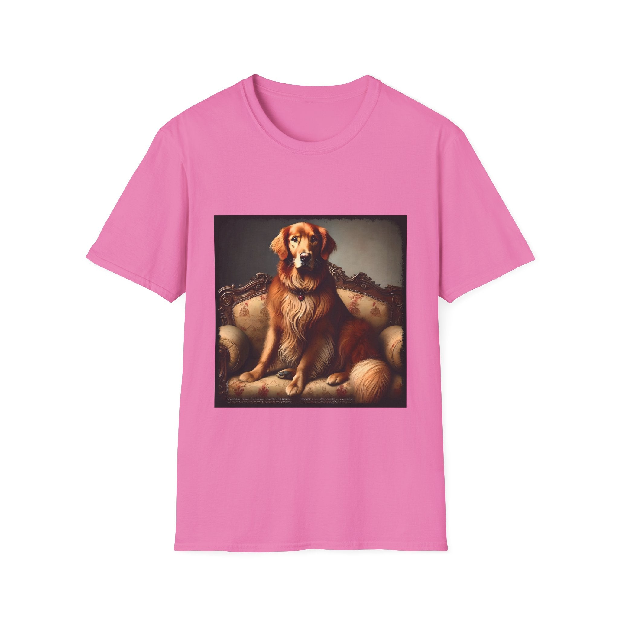 Pink dog t-shirt featuring golden retriever on ornate settee with long fur and classic red tones.