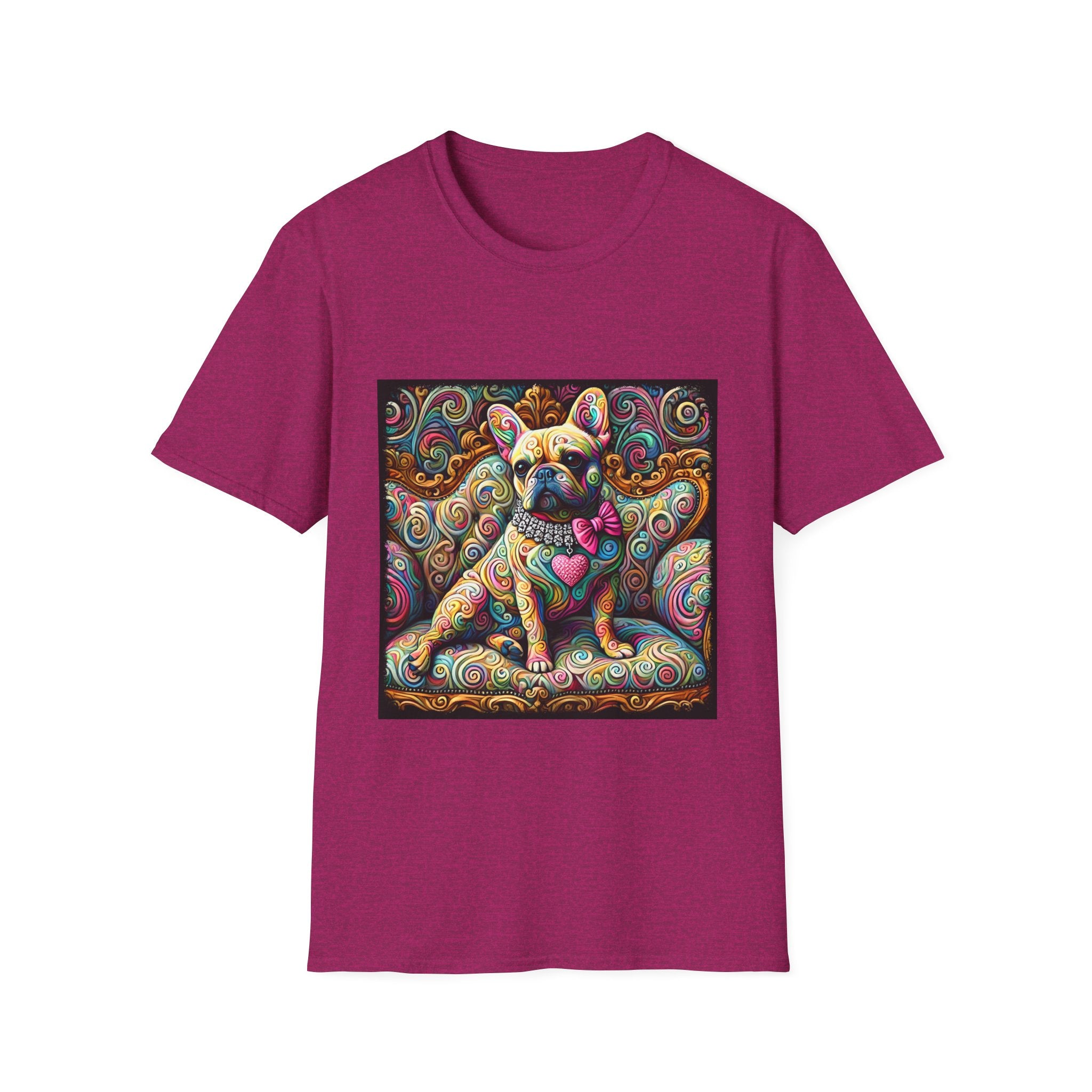 Heather berry dog t-shirt featuring a tan French Bulldog with pink bow and heart on a vivid rainbow swirl couch.