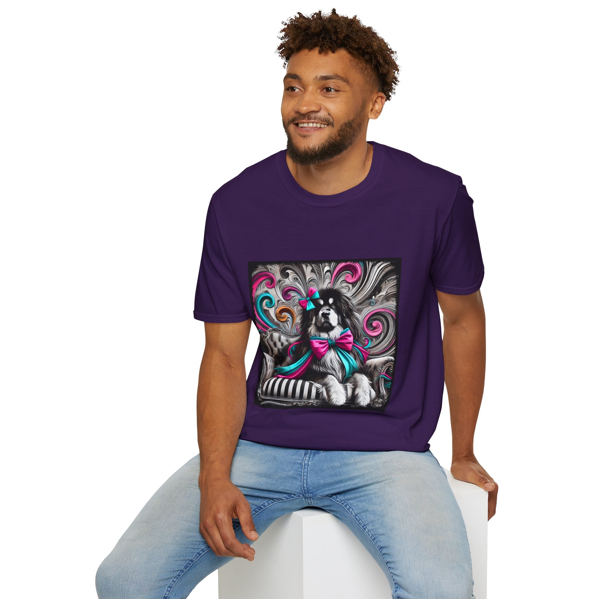Tibetan Mastiff B&W Pink and Teal Bow | Unisex Dog T-Shirt