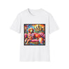 White dog t-shirt featuring golden retriever princess on pink settee with tiara and castle backdrop.
