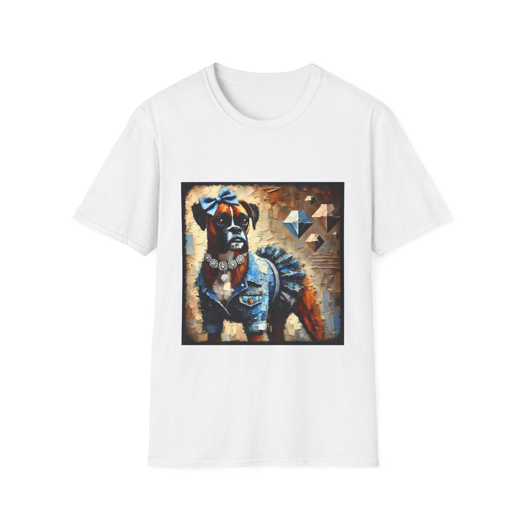 White dog t-shirt with boxer in denim ruffle dress, blue bow, diamond collar, and abstract gem background.