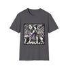 Charcoal dog t-shirt with French Bulldog in striped suit, purple bowtie, and ornate black swirl backdrop.