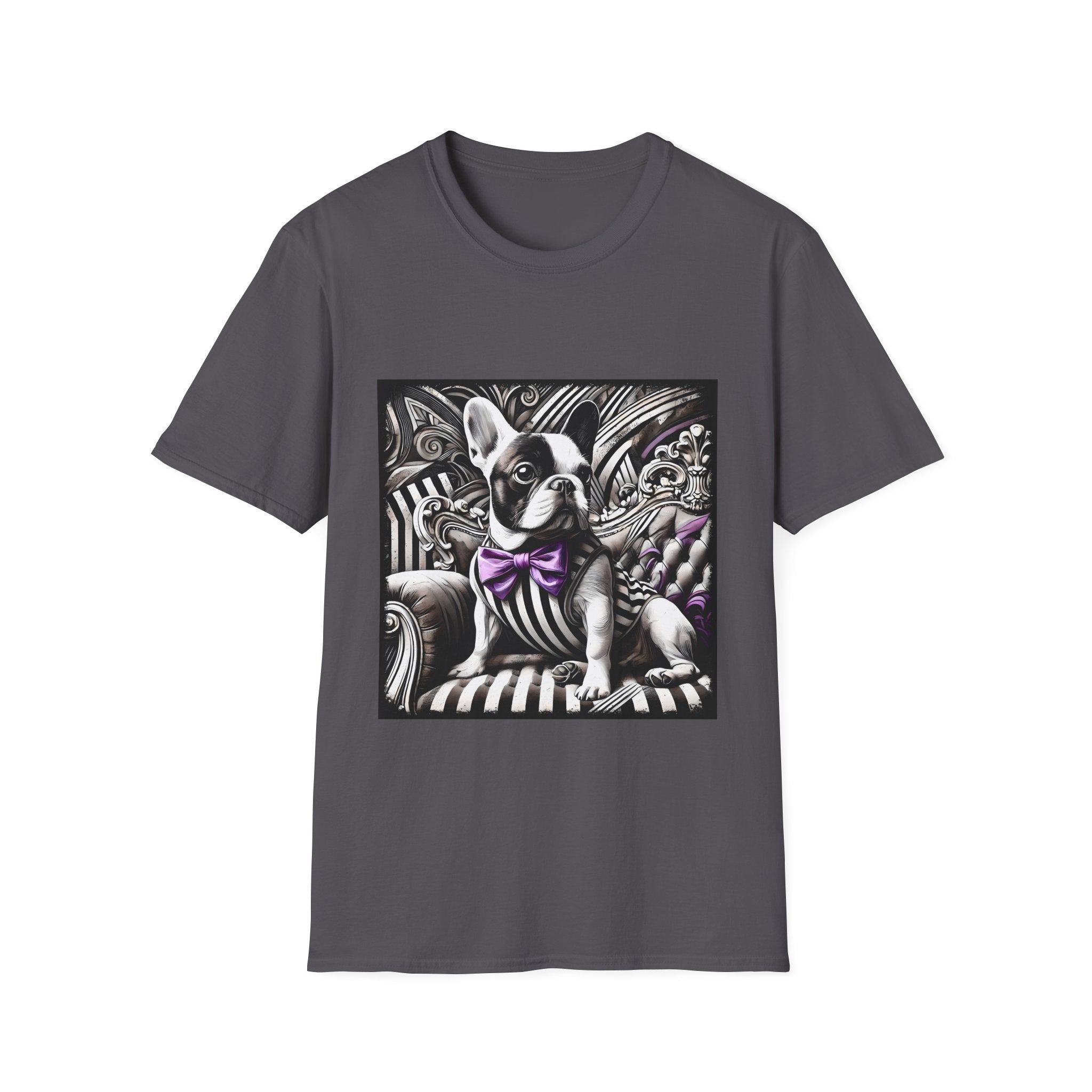 Charcoal dog t-shirt with French Bulldog in striped suit, purple bowtie, and ornate black swirl backdrop.