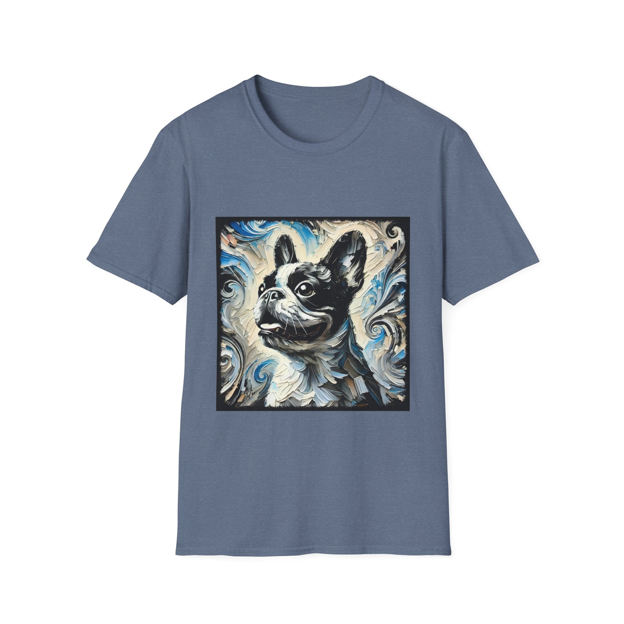Heather Indigo dog t-shirt with black and white French Bulldog portrait on swirl-patterned vintage background.