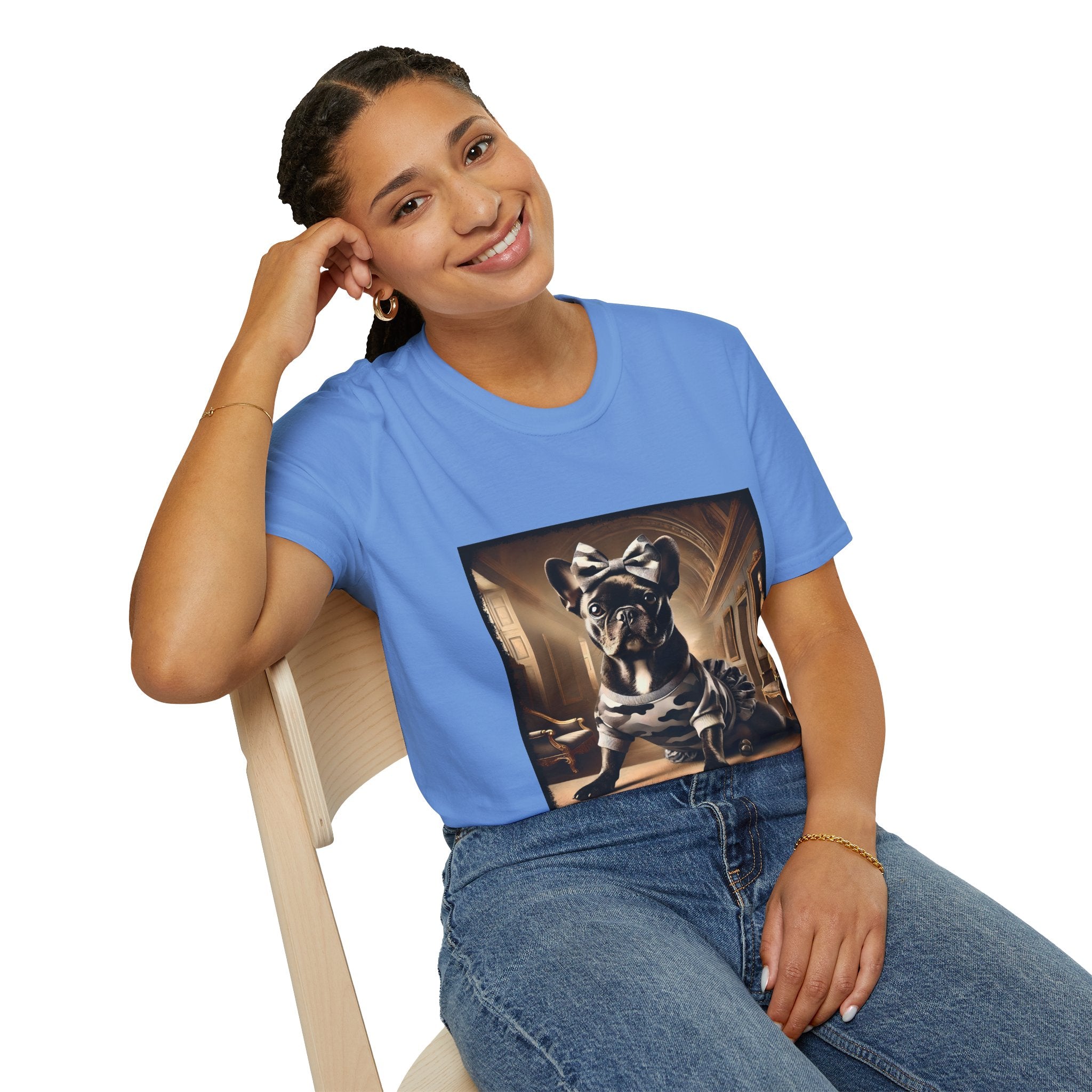 Female model in Carolina blue dog t-shirt featuring black French Bulldog in camo dress and bow, set in sepia-toned palace hall.
