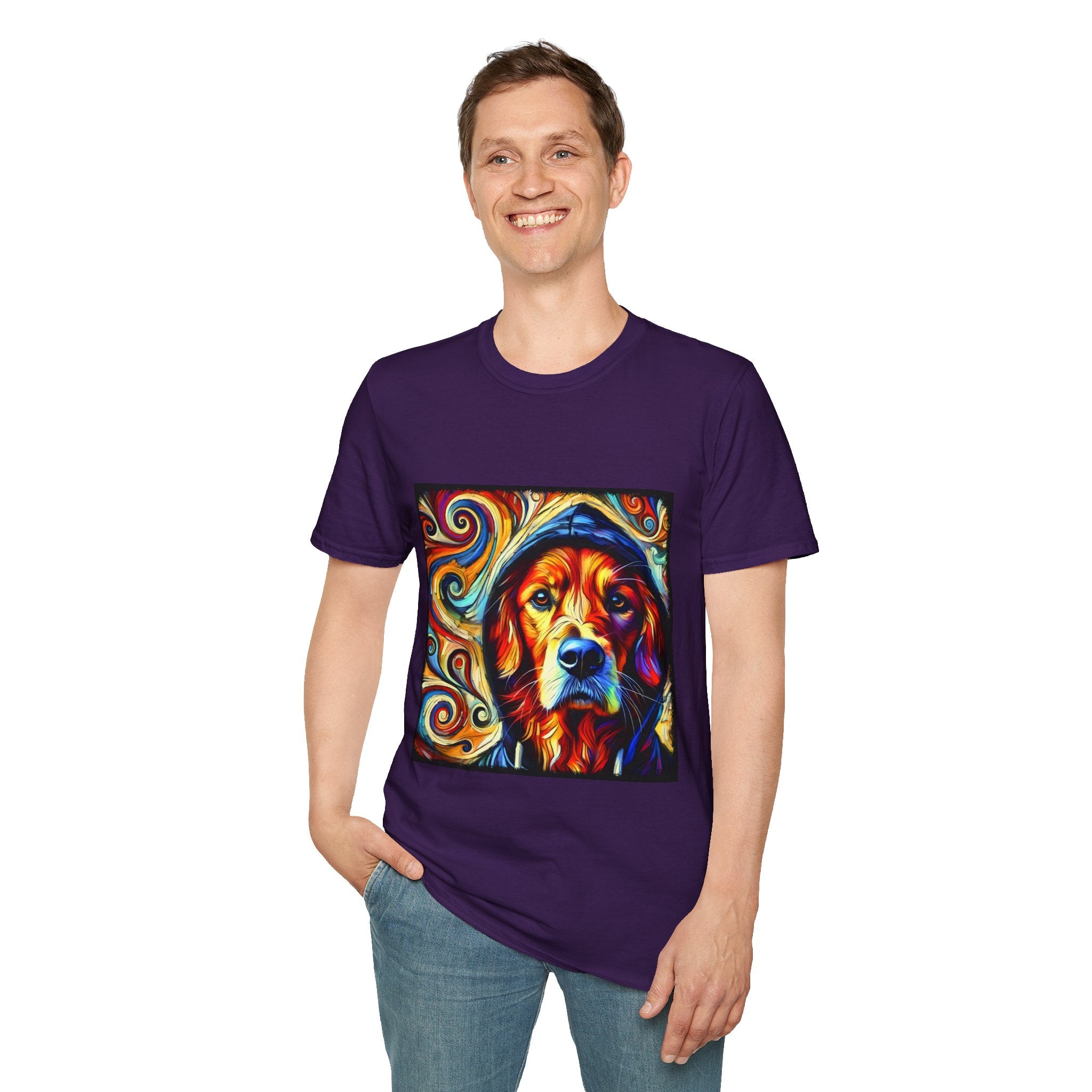 Male standing in purple dog t-shirt with golden retriever in blue hoodie, bold swirls in red, orange, and teal behind.
