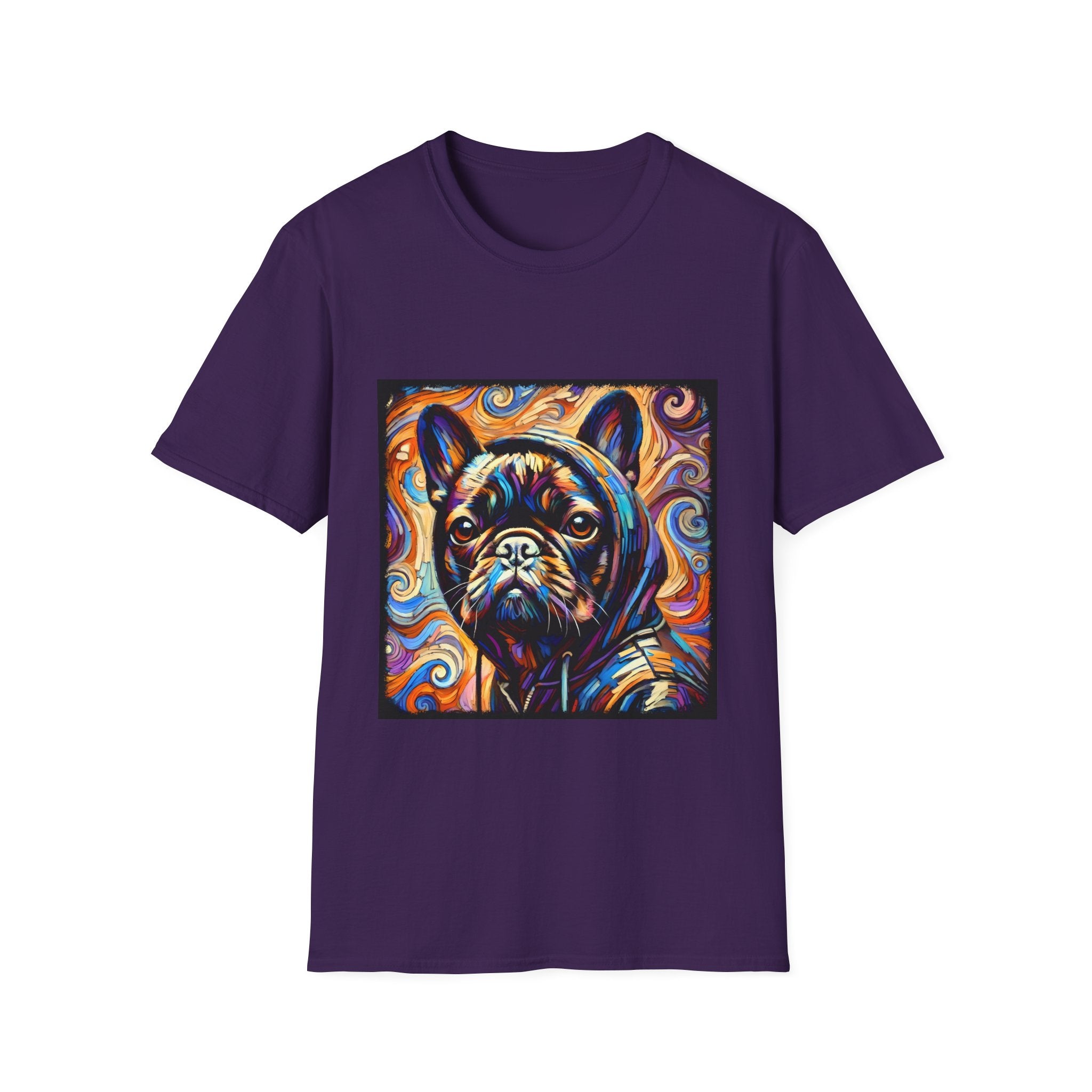 Dog t-shirt in purple featuring colorful French Bulldog in hoodie, set against vivid swirl-patterned background.