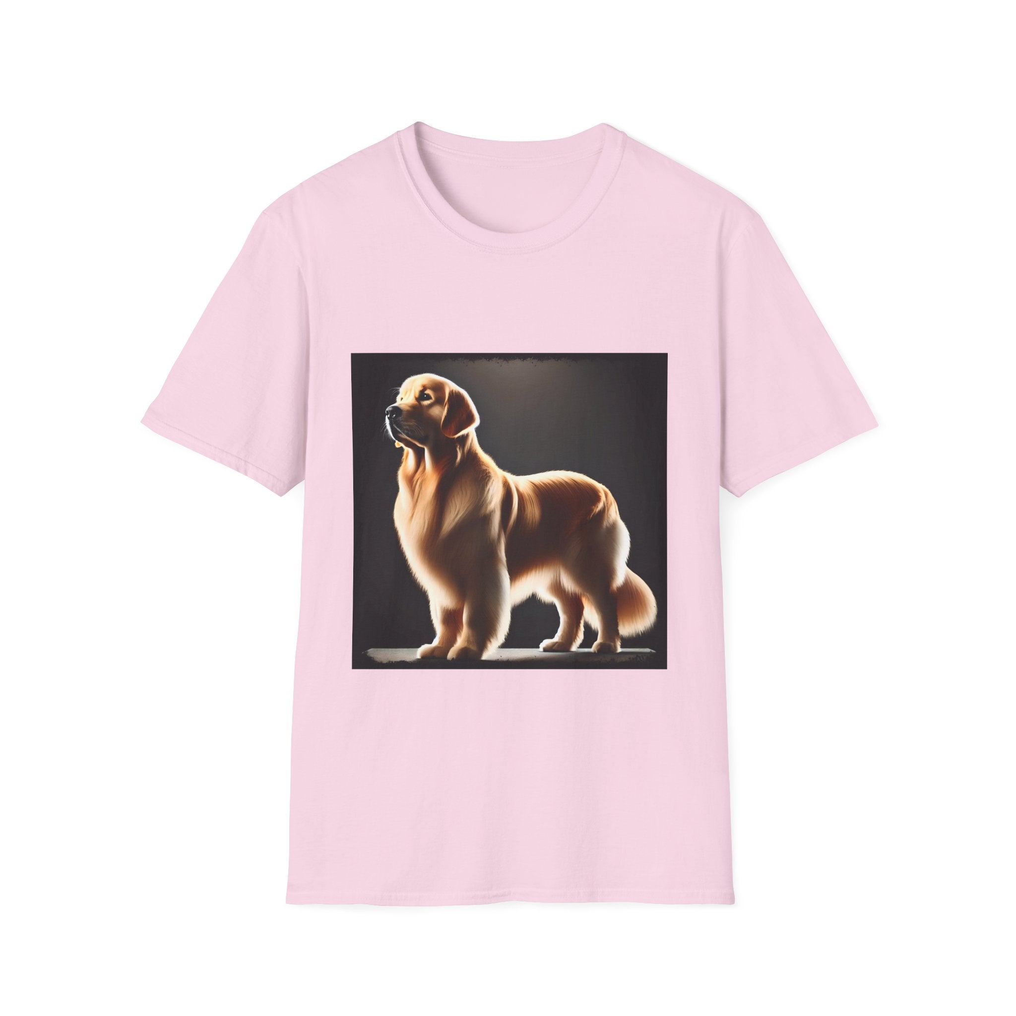 Light pink dog t-shirt with golden retriever standing tall under spotlight on black background.