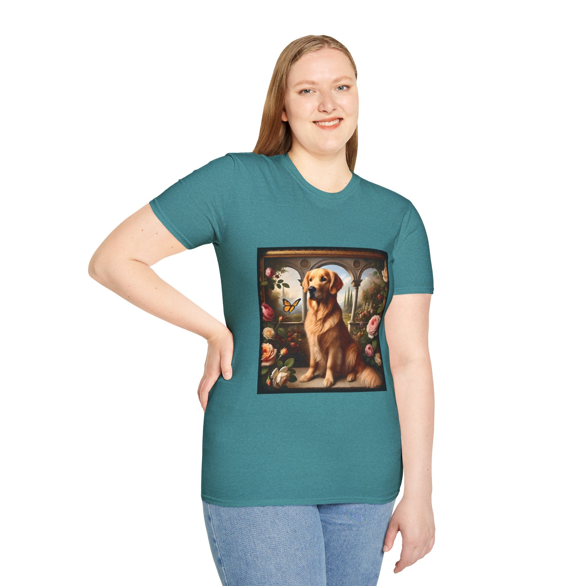 Female model in teal dog t-shirt featuring golden retriever in garden scene with roses, archway, and butterfly.