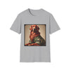 Sport gray dog t-shirt featuring golden retriever in camouflage jacket with flag patch, tan background.