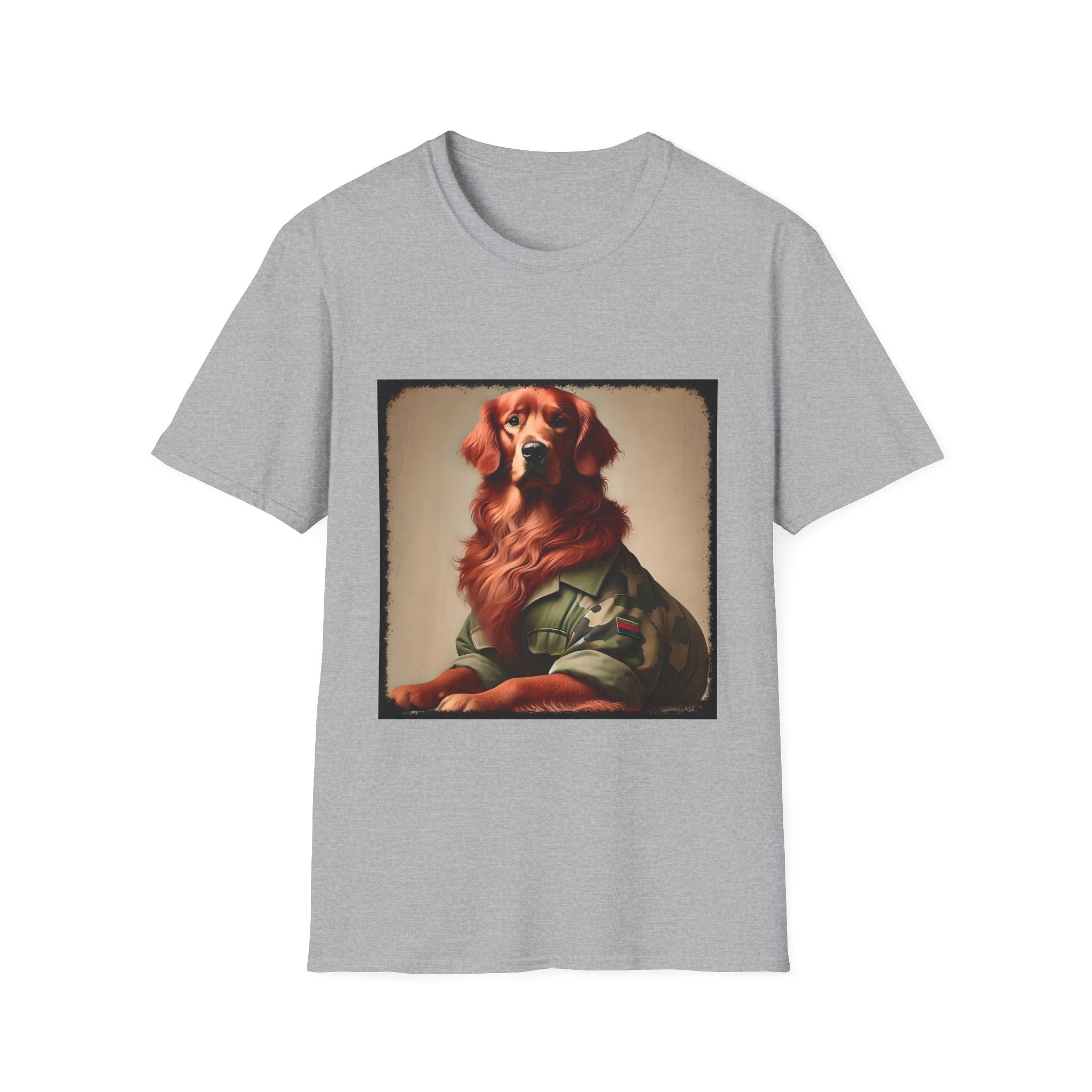 Sport gray dog t-shirt featuring golden retriever in camouflage jacket with flag patch, tan background.