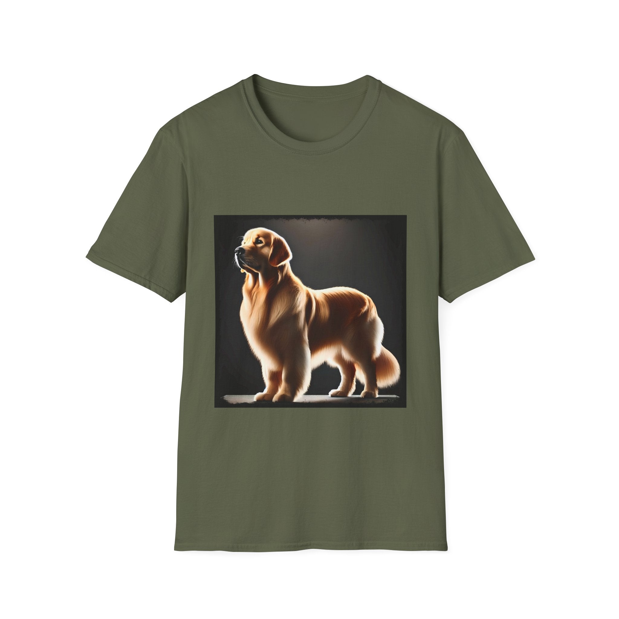 Military green dog t-shirt with golden retriever standing tall under spotlight on black background.