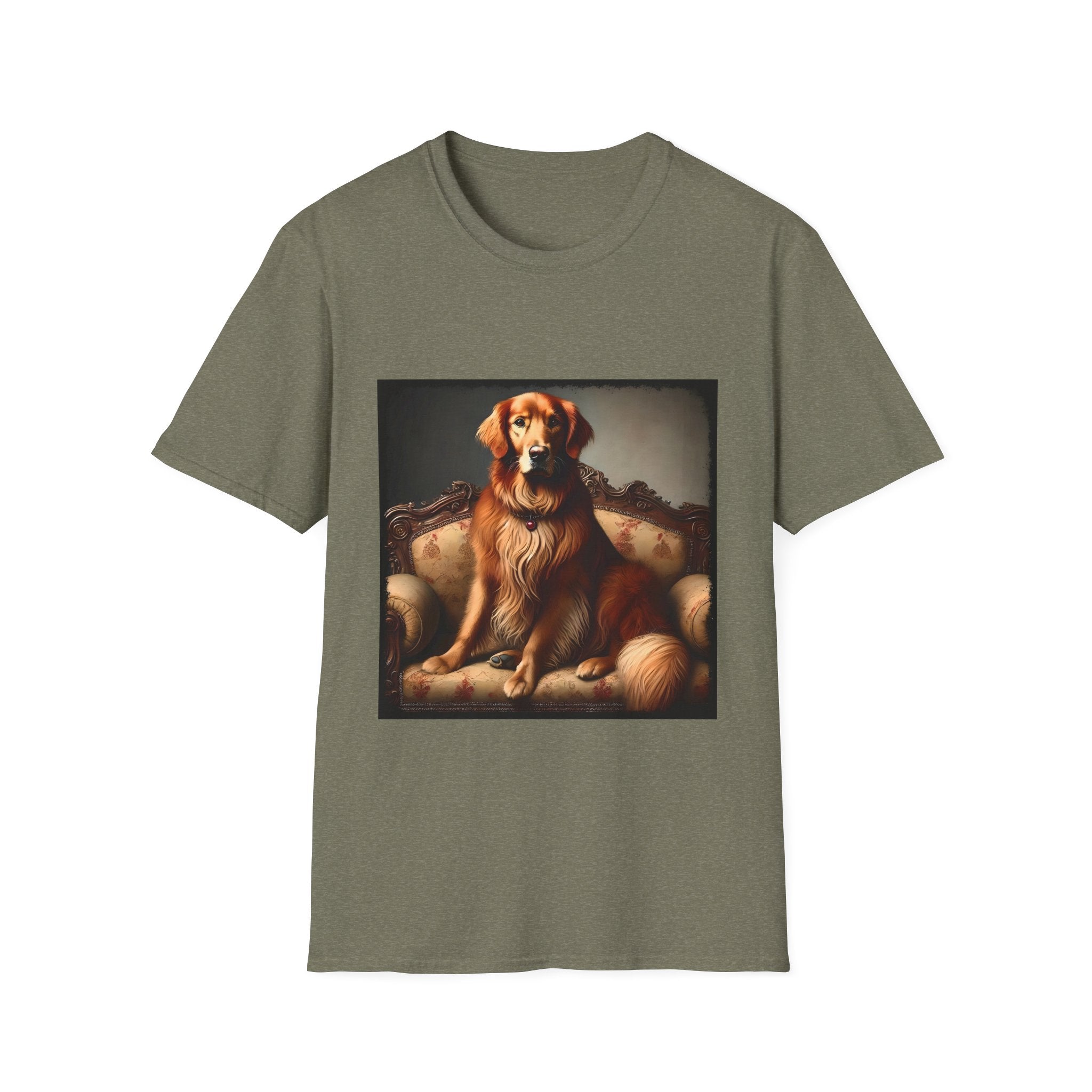 Heather military green dog t-shirt featuring golden retriever on ornate settee with long fur and classic red tones.