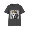 Dark heather dog t-shirt featuring a black-and-white golden retriever in jeweled crown on gray backdrop.