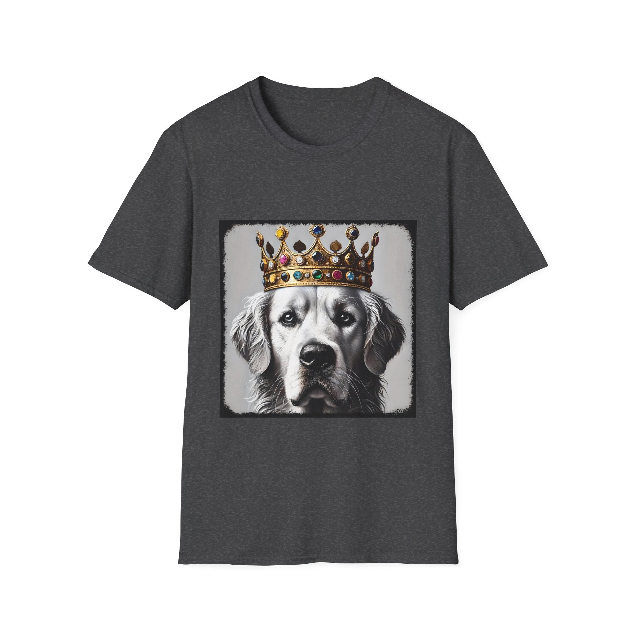 Dark heather dog t-shirt featuring a black-and-white golden retriever in jeweled crown on gray backdrop.