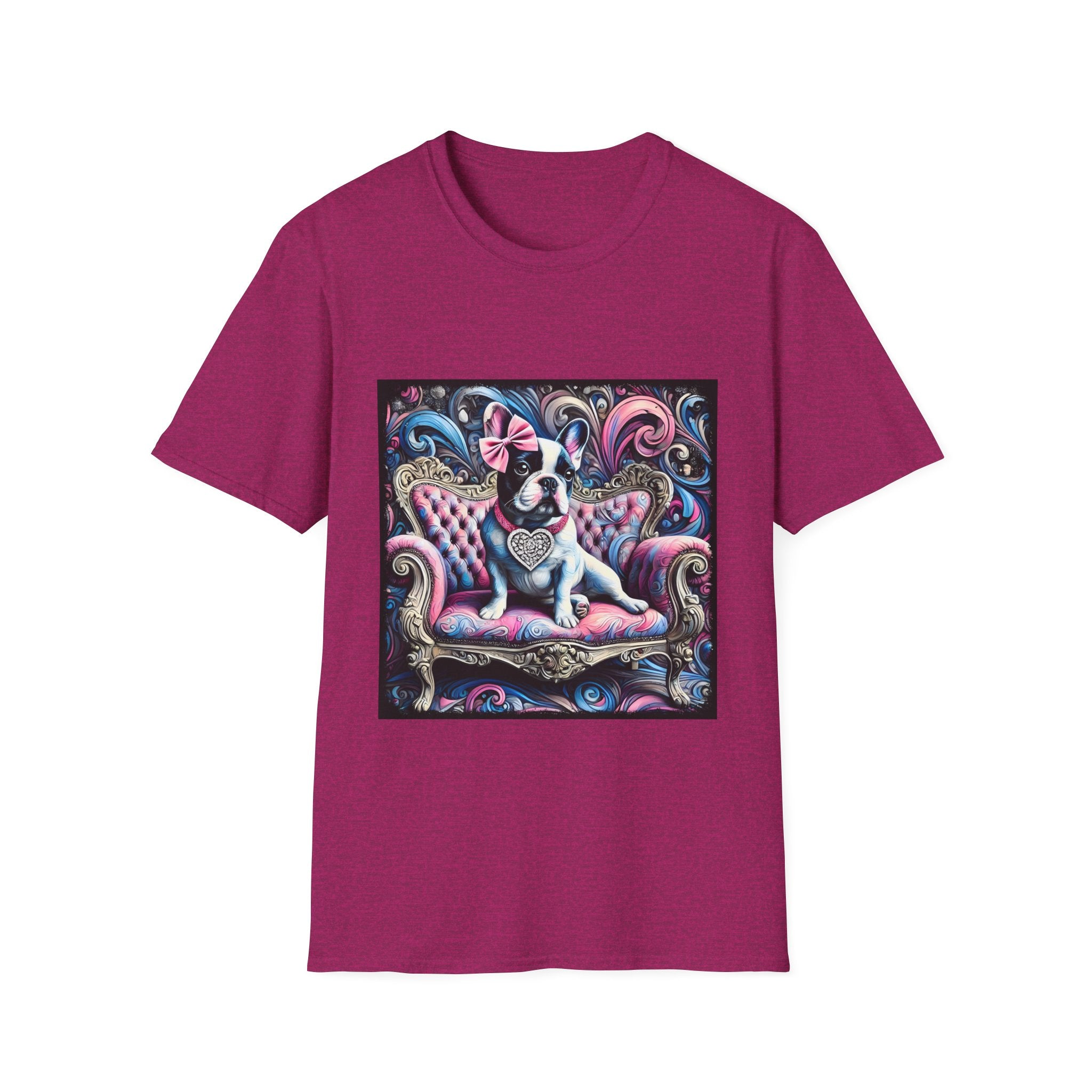 Heather berry dog t-shirt featuring a black and white French Bulldog with a pink bow, seated on a tufted pink and gold settee against a swirling blue, pink, and purple expressionist-style background.