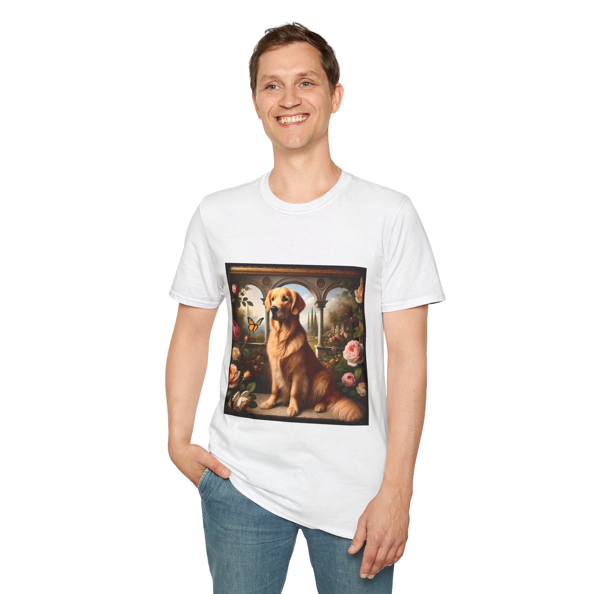 Male model in white dog t-shirt featuring golden retriever in garden scene with roses, archway, and butterfly.