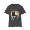 Dark Gray dog t-shirt featuring black French Bulldog in blue camo outfit with bow, set in soft vintage portrait.