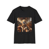 Black dog t-shirt featuring golden retriever in royal collar on ornate settee in gothic hall.