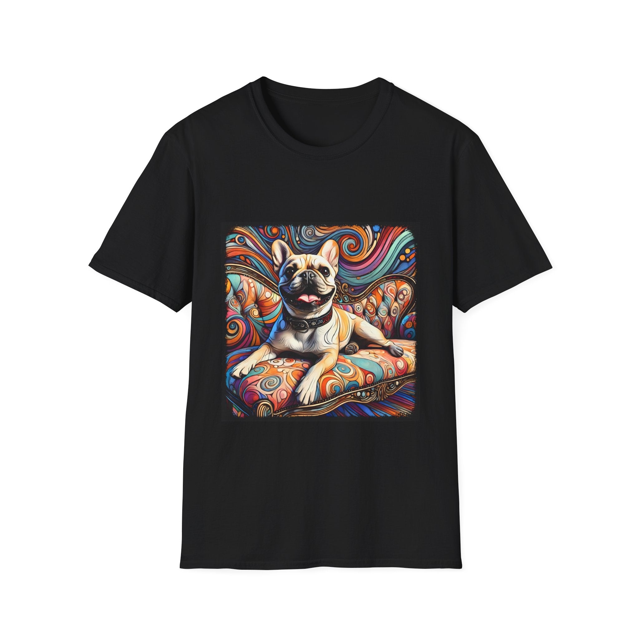 Black dog t-shirt featuring fawn French Bulldog with collar lounging on colorful swirl settee with vivid abstract background.