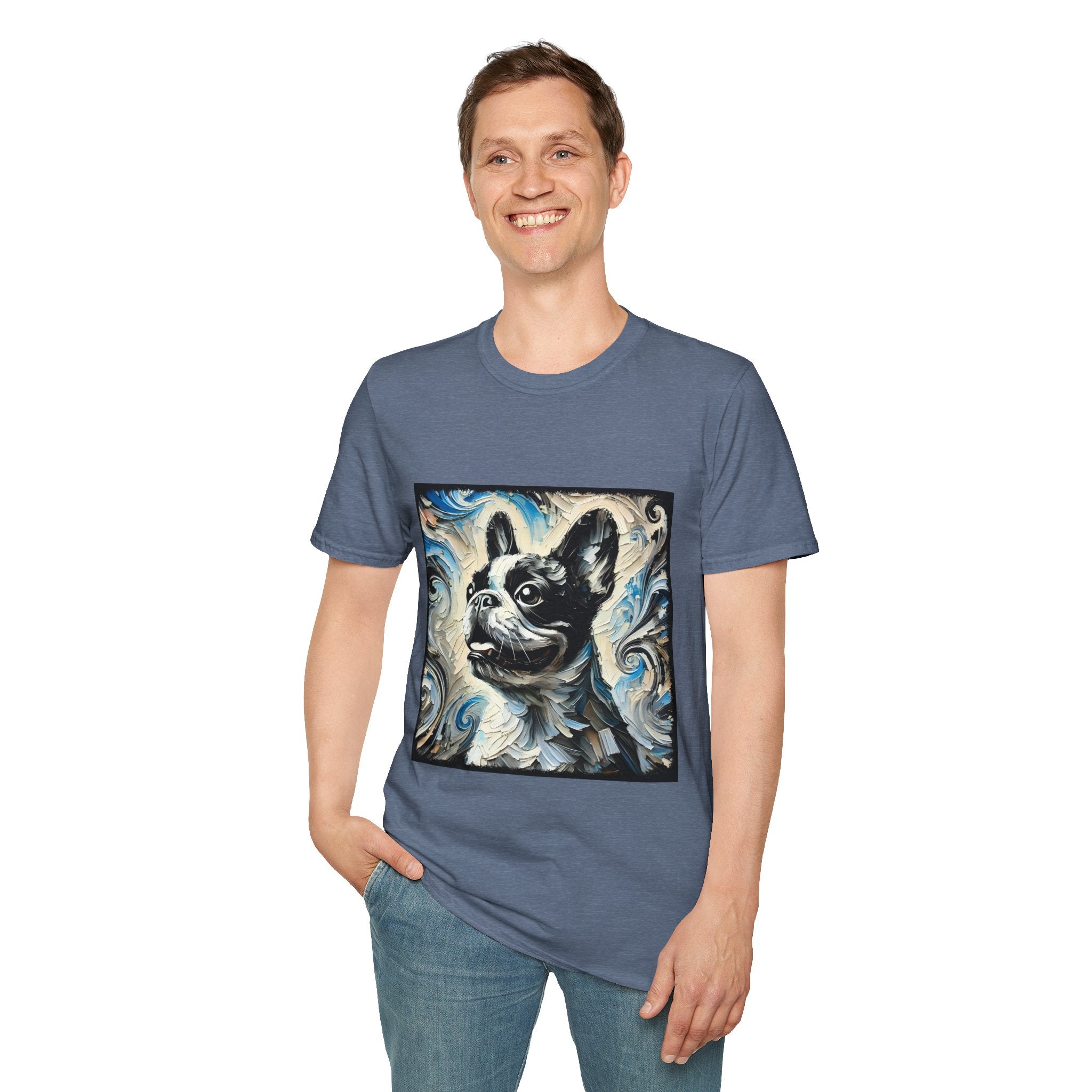 Man smiling in heather indigo dog t-shirt with black and white French Bulldog portrait on swirl-patterned vintage background.