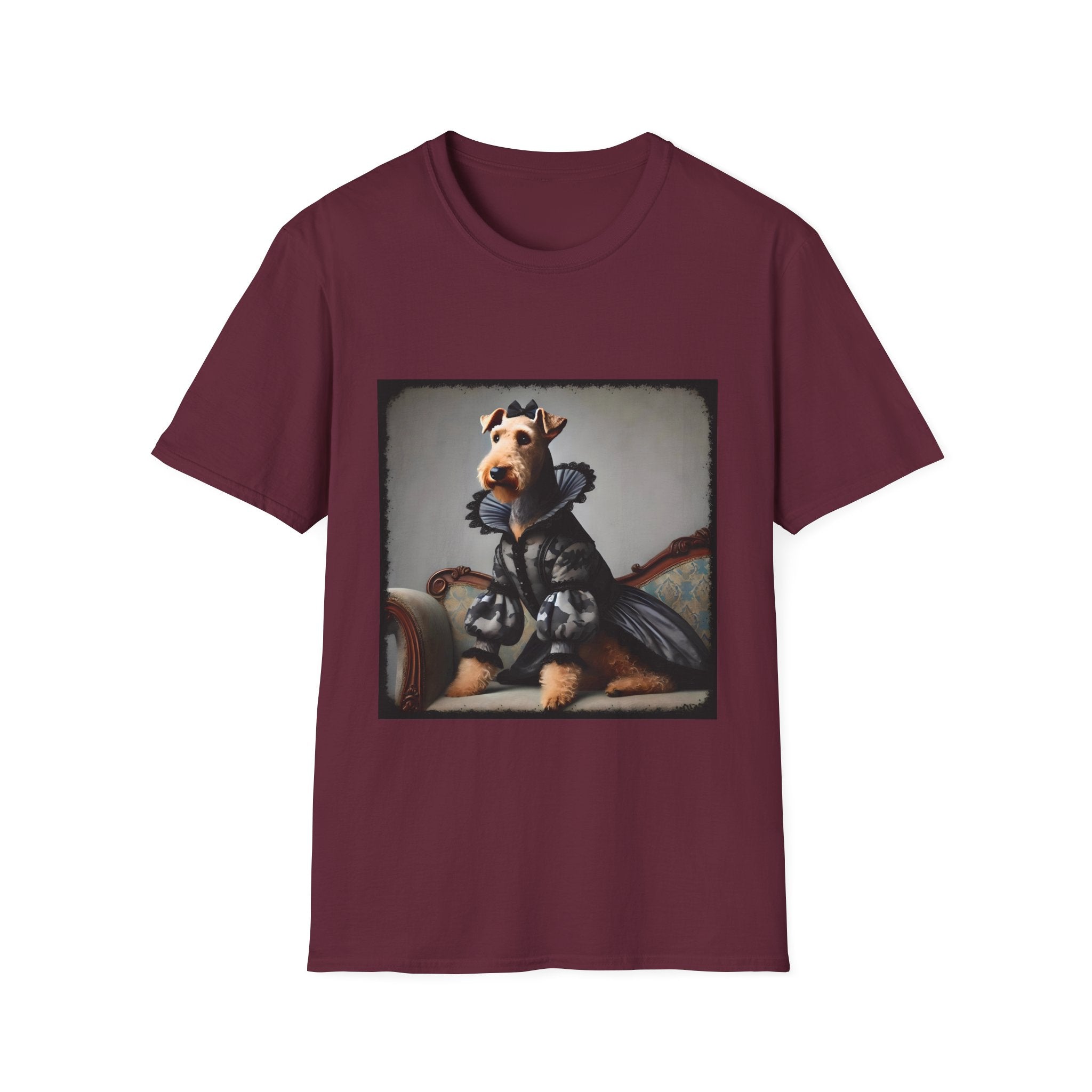 Maroon dog t-shirt featuring Airedale terrier in camouflage Renaissance gown seated on settee.