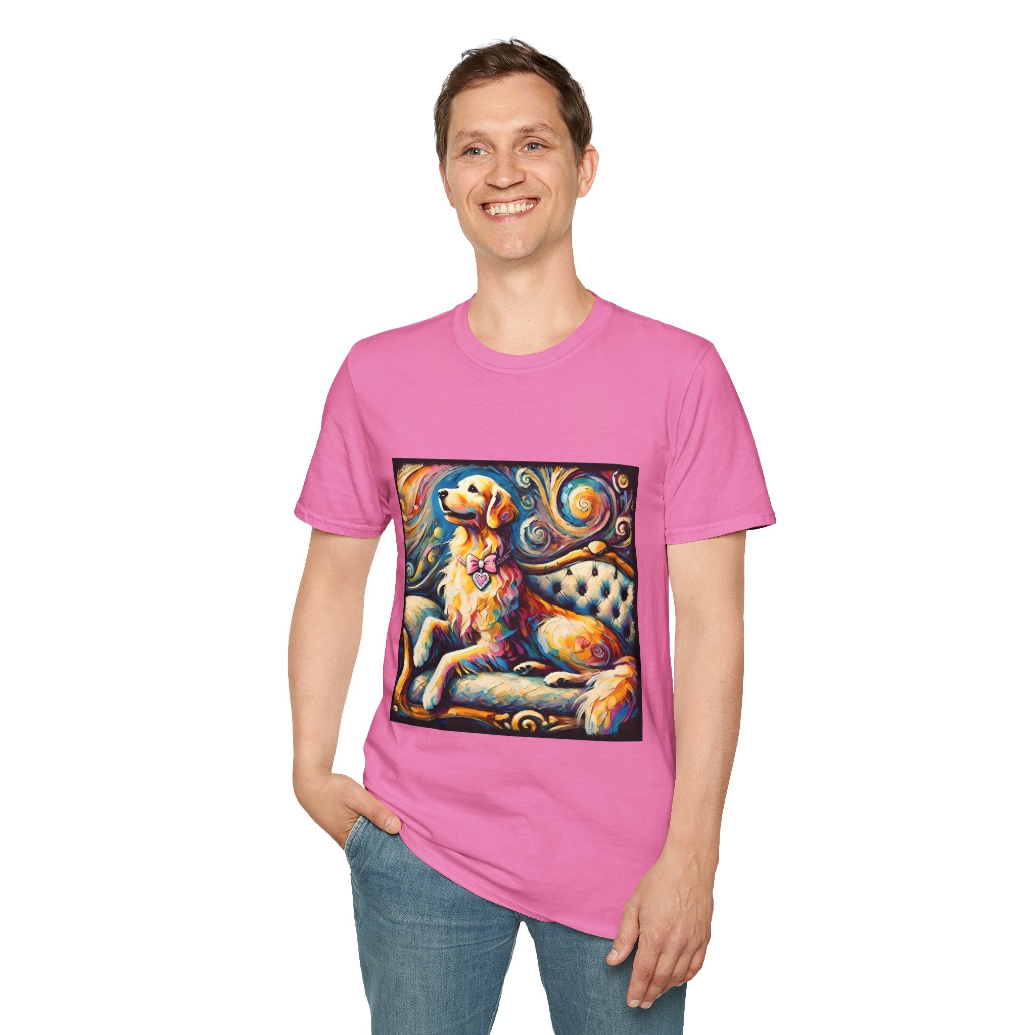 Male model in pink dog t-shirt featuring golden retriever with pink heart collar on colorful tufted settee.
