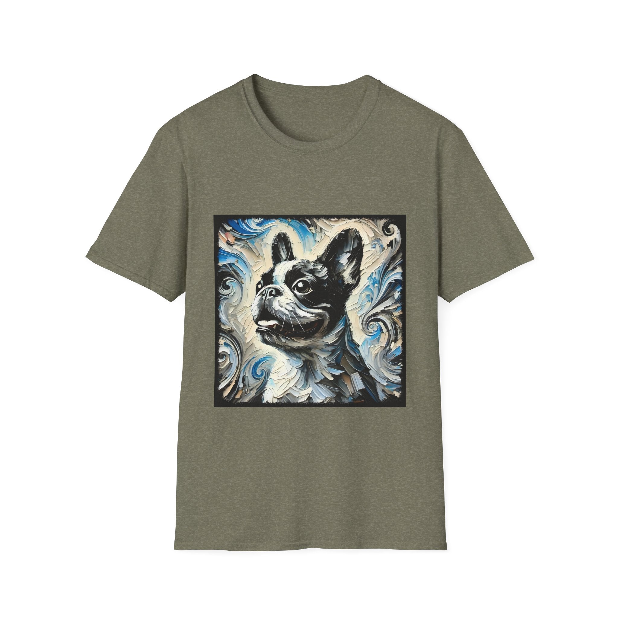 Heather military green dog t-shirt with black and white French Bulldog portrait on swirl-patterned vintage background.