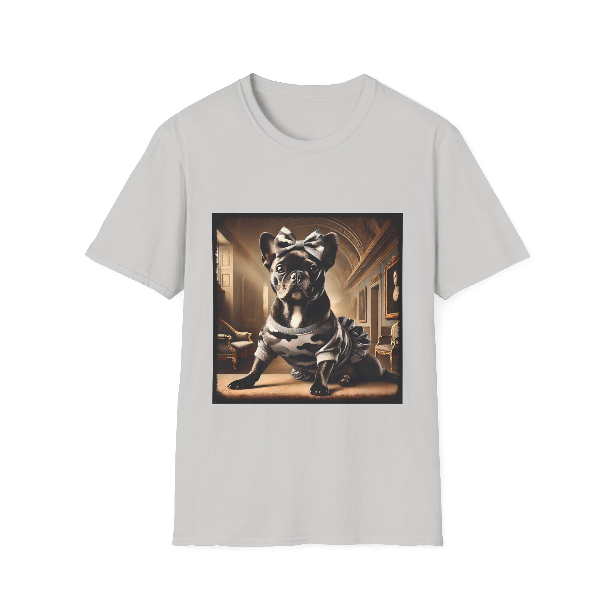 Ice gray dog t-shirt featuring black French Bulldog in camo dress and bow, set in sepia-toned palace hall.
