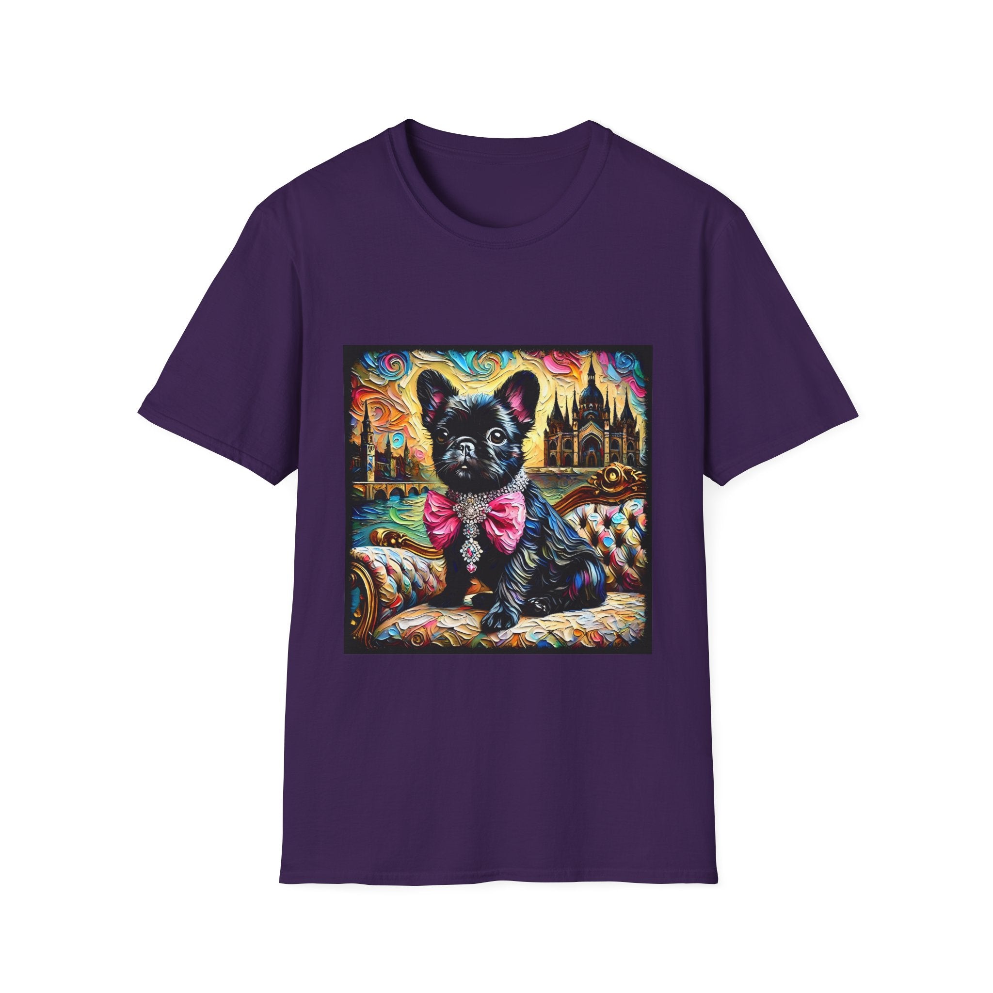 Purple dog t-shirt featuring black French Bulldog with jeweled pink bow, sitting on patterned settee, vivid castle swirl background.