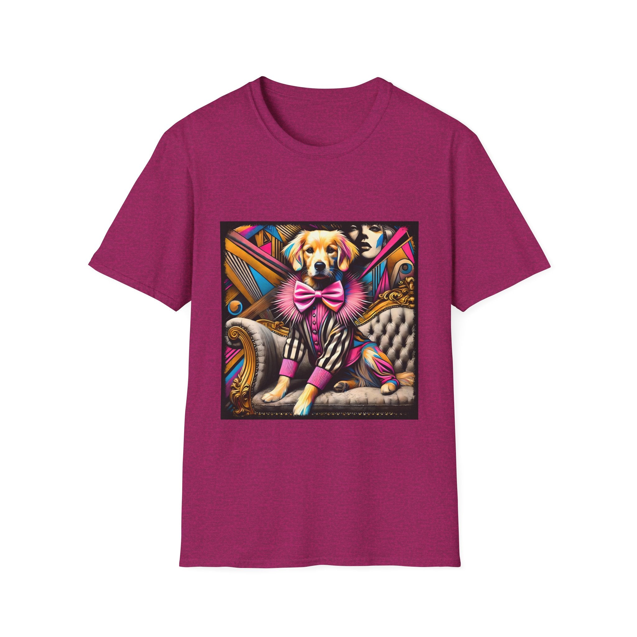 Heather berry dog t-shirt with golden retriever in striped outfit and pink bow on bold pop-art settee.