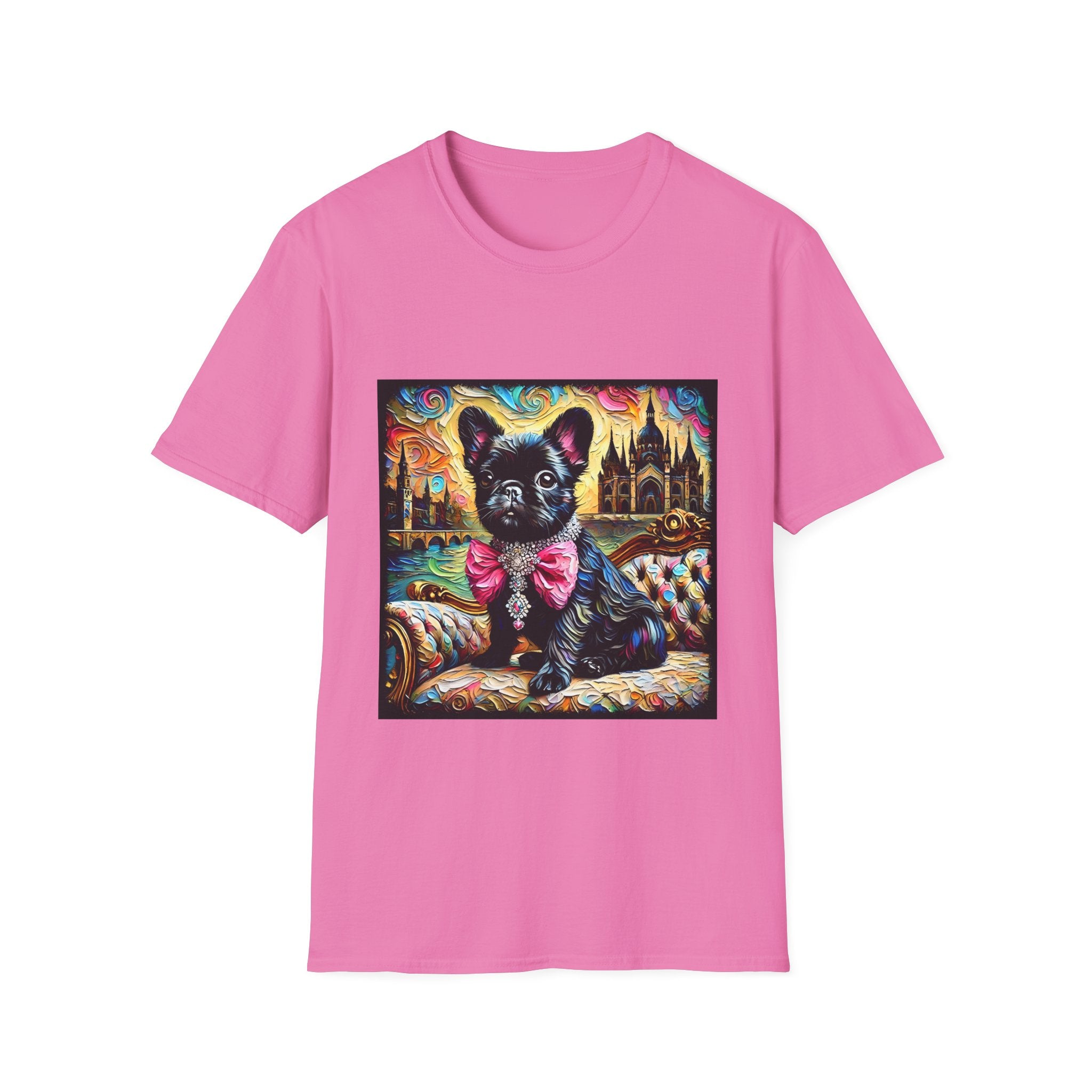 Dark pink dog t-shirt featuring black French Bulldog with jeweled pink bow, sitting on patterned settee, vivid castle swirl background.