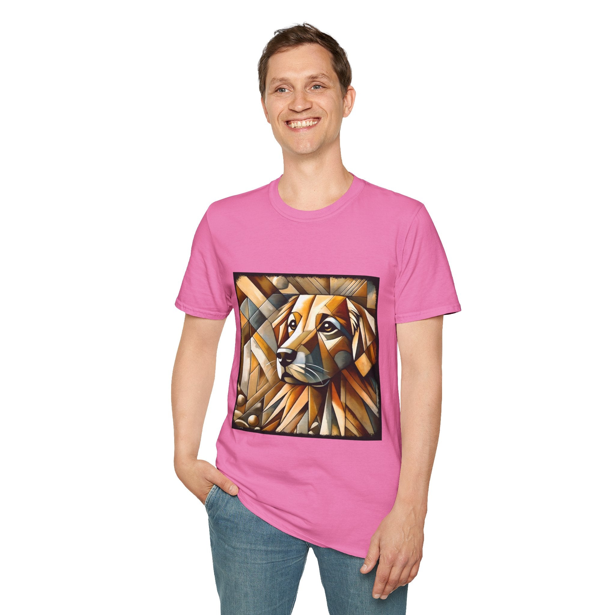 Male model in pink dog t-shirt featuring golden retriever in geometric cubist style with warm amber and tan tones.