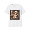 White dog t-shirt featuring golden retriever in jeweled collar on ornate cream and gold settee, regal setting.