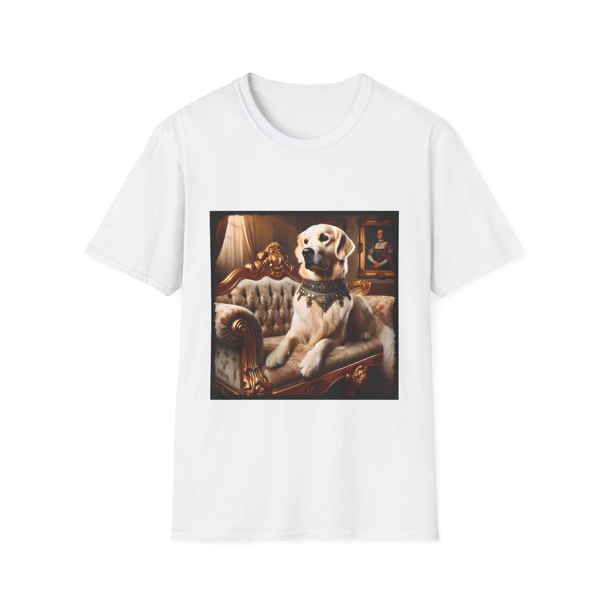 White dog t-shirt featuring golden retriever in jeweled collar on ornate cream and gold settee, regal setting.