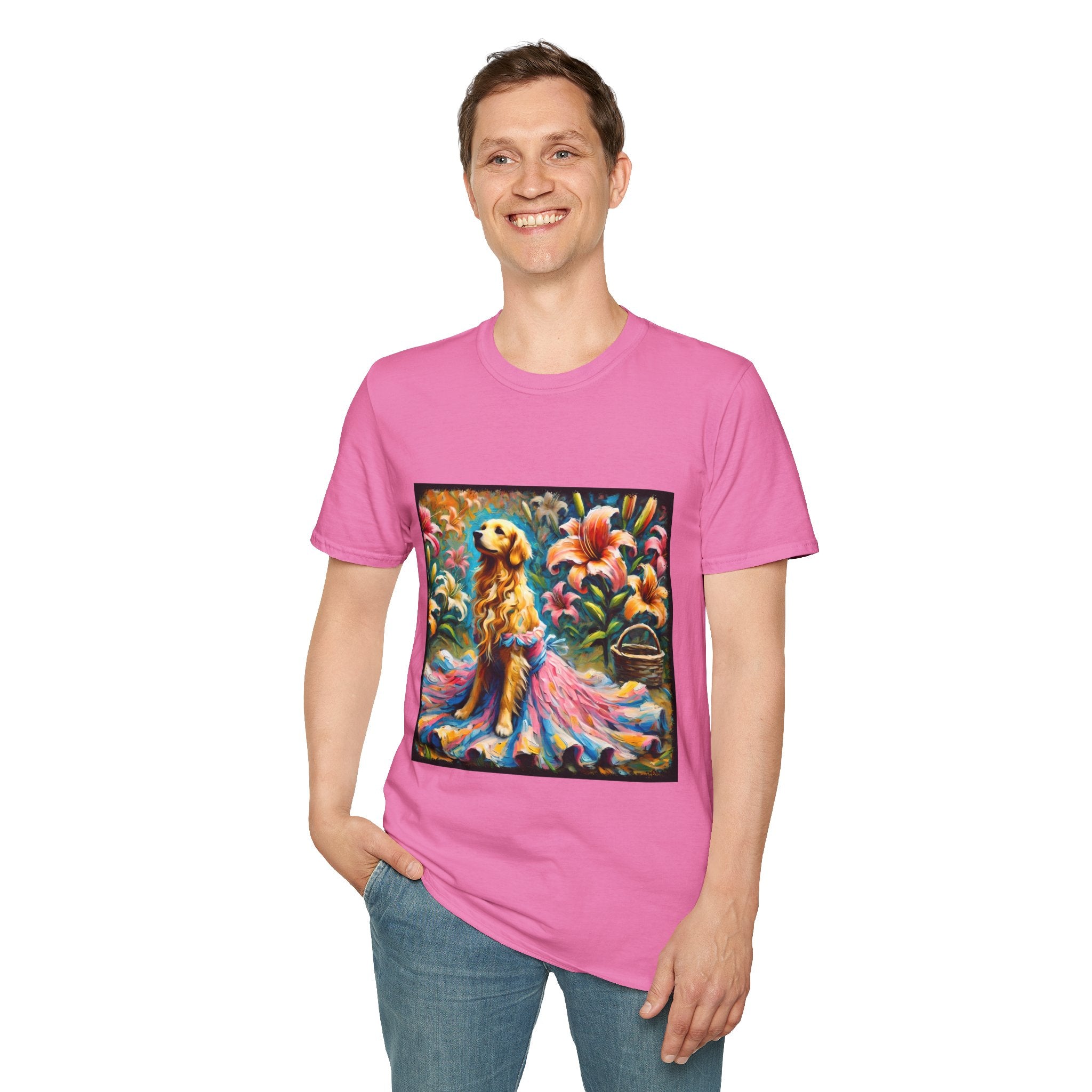 Male model in pink dog t-shirt featuring golden retriever in pink-and-purple gown surrounded by vibrant tropical flowers.