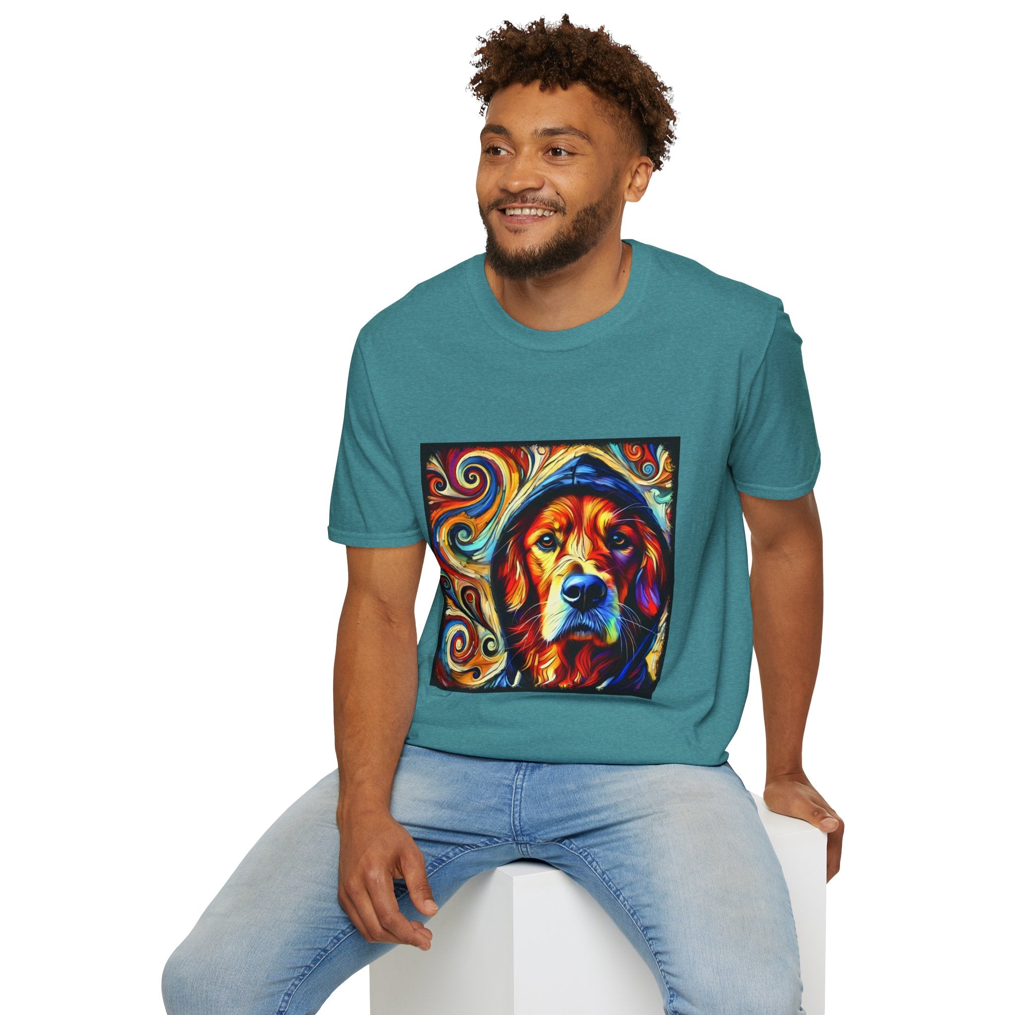 Male model in teal dog t-shirt with golden retriever in blue hoodie, bold swirls in red, orange, and teal behind.