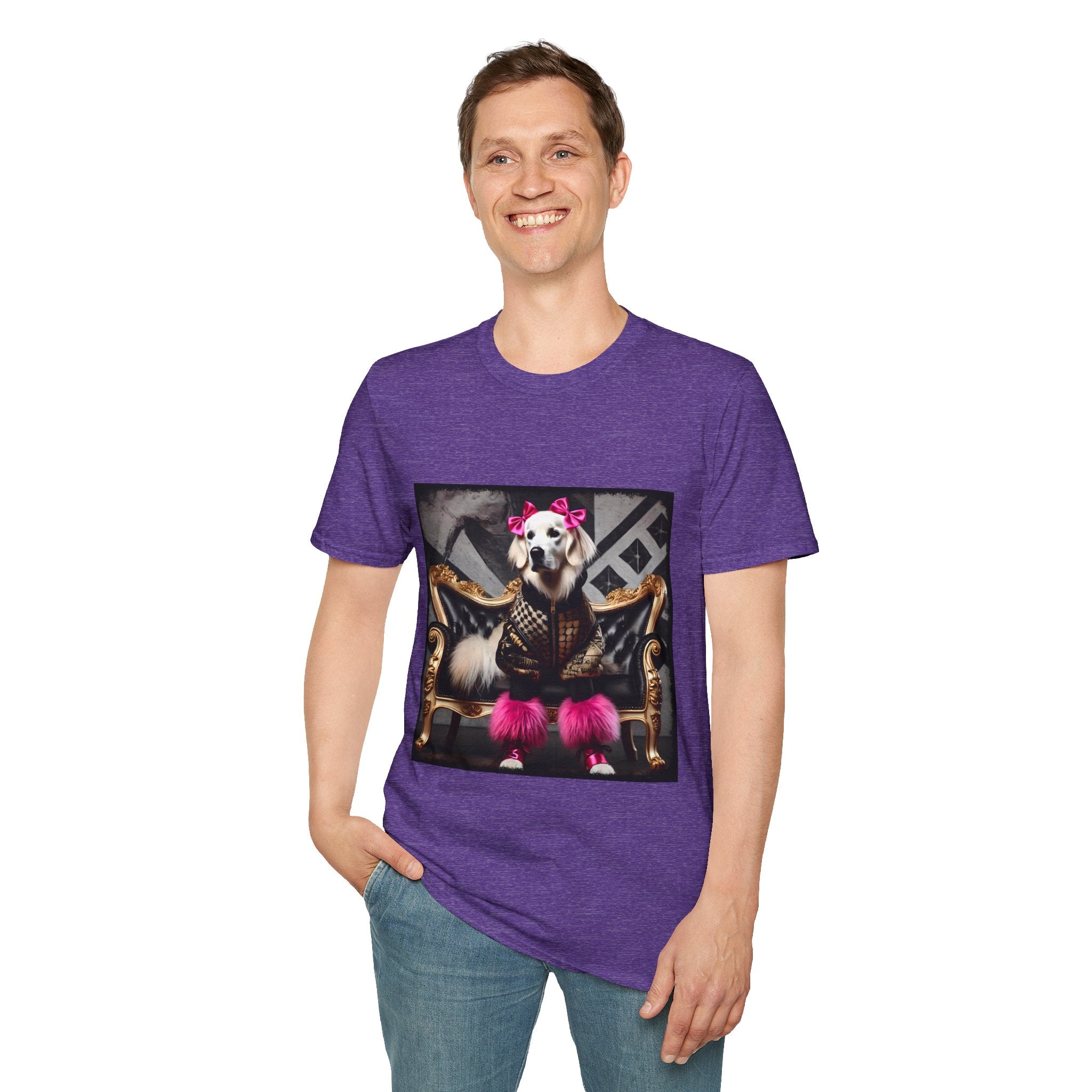 Male model in heather purple dog t-shirt featuring white dog in pink bows and boots on gold settee with edgy gray backdrop.