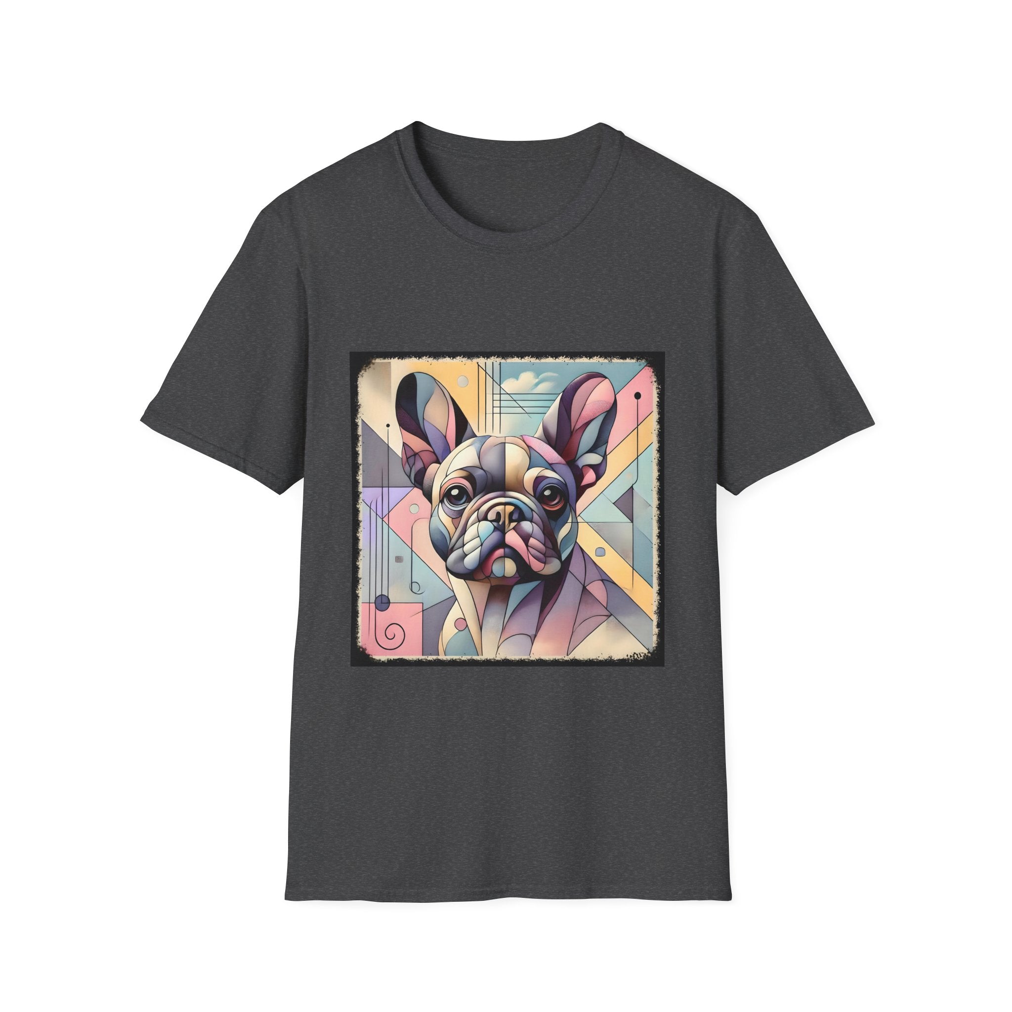 Dark heather shirt with Cubism-style French Bulldog design in soft pastel colors and abstract shapes.