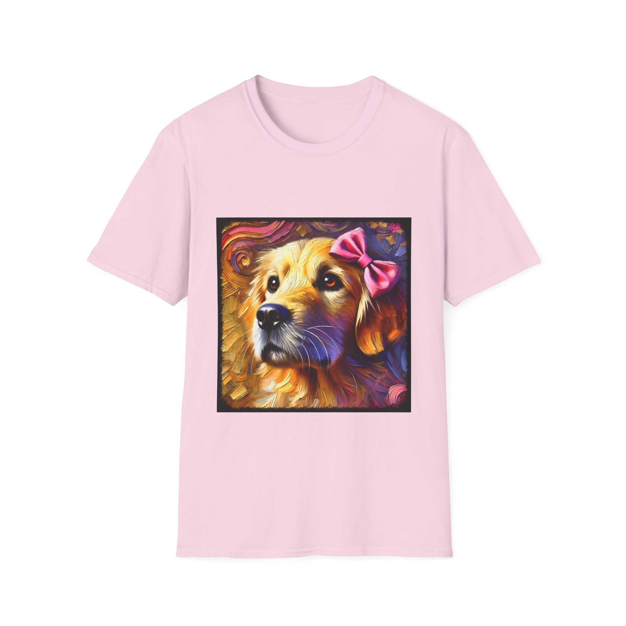 Light pink dog t-shirt featuring golden retriever with pink bow on head, set against vivid painterly swirls.