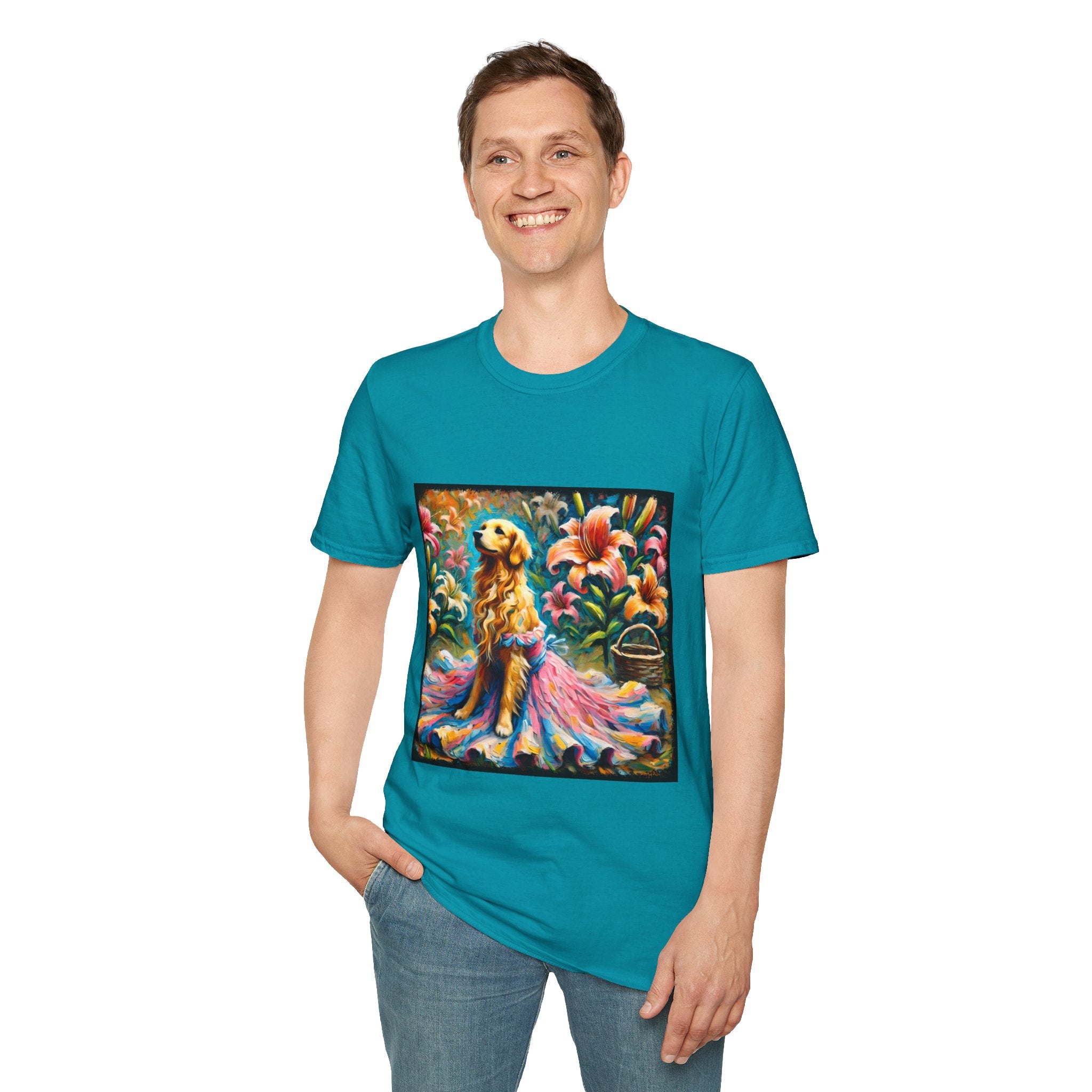 Male model in tropical blue dog t-shirt featuring golden retriever in pink-and-purple gown surrounded by vibrant tropical flowers.