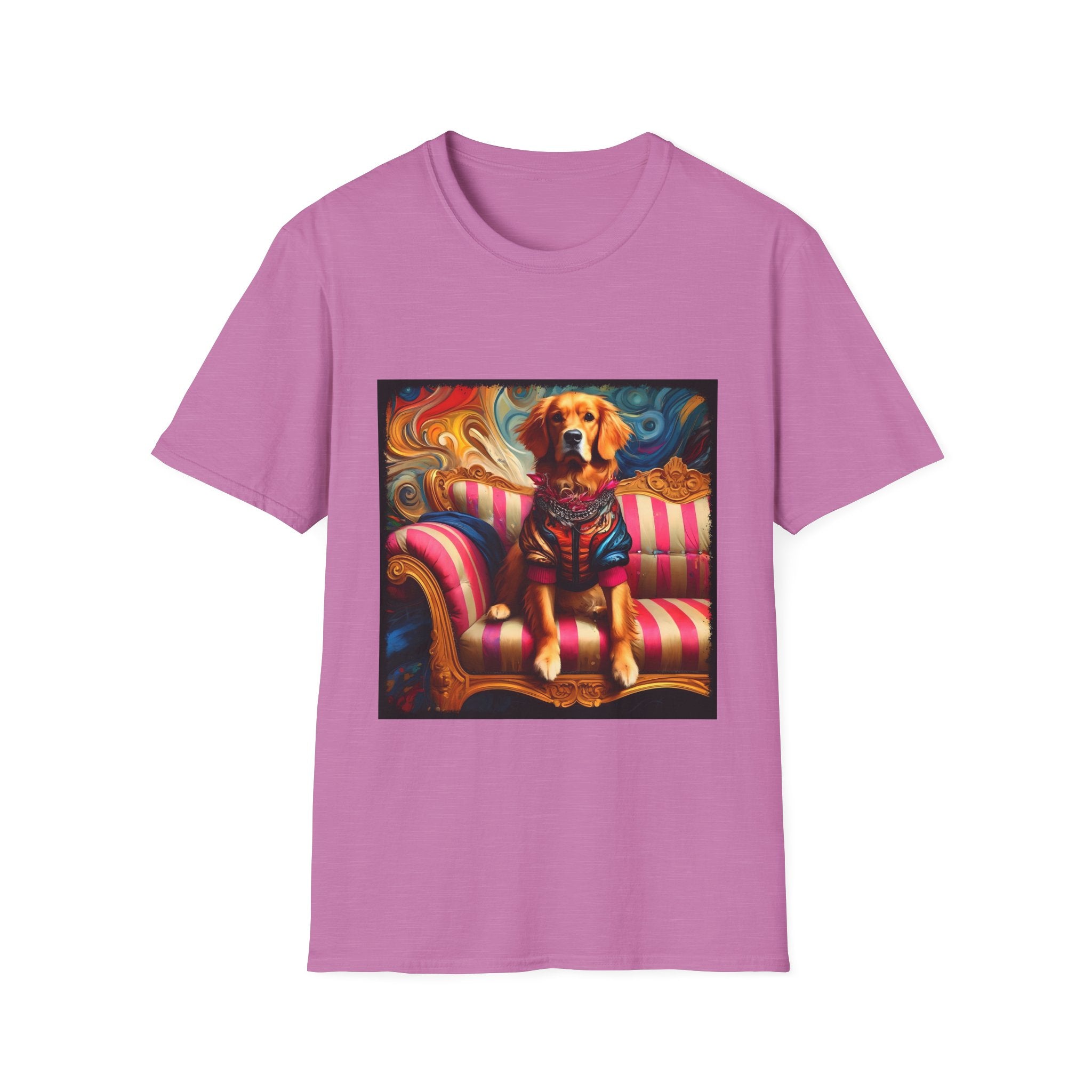 Pink orchid dog t-shirt with golden retriever in regal jacket on pink striped settee, swirled backdrop.
