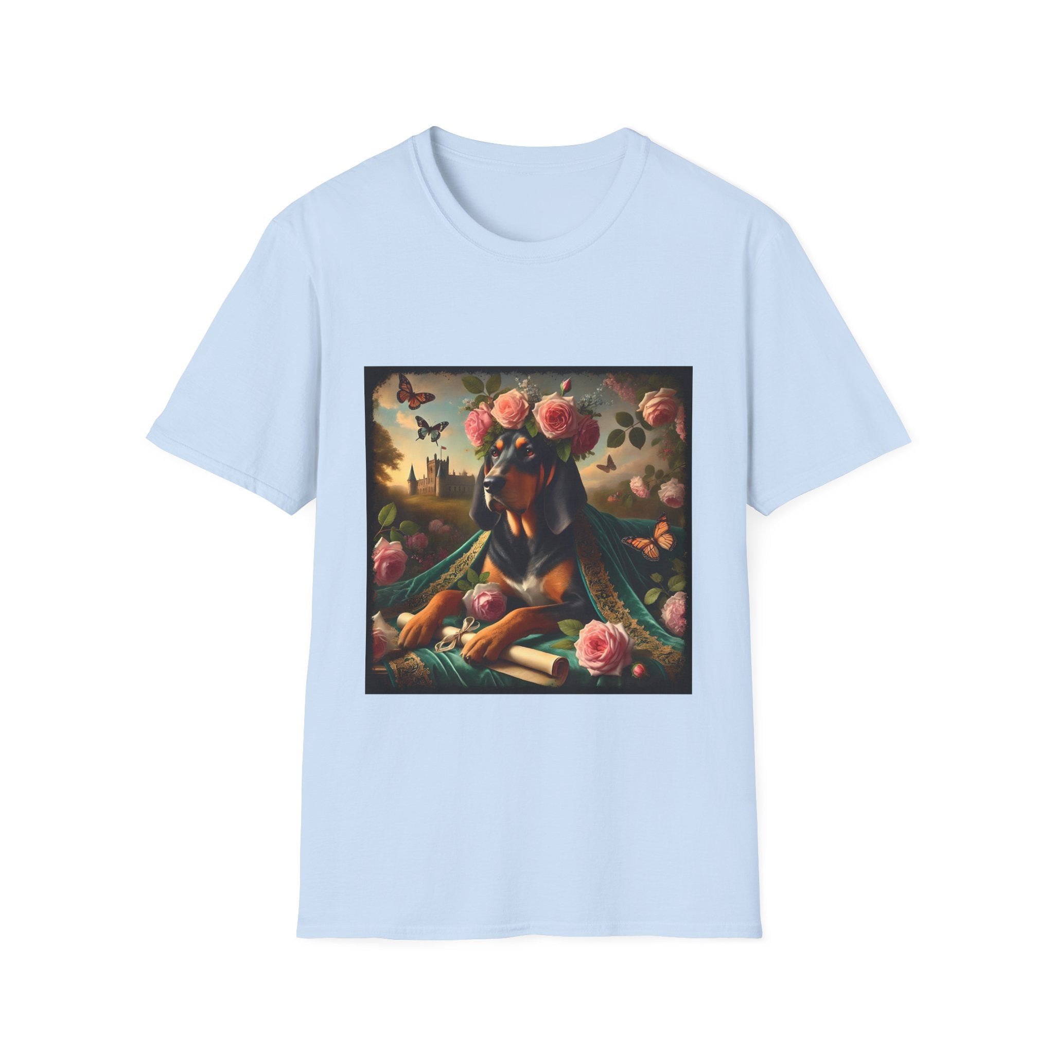 Light blue dog t-shirt featuring coonhound in rose garden wearing green embroidered cape and crown of pink flowers.