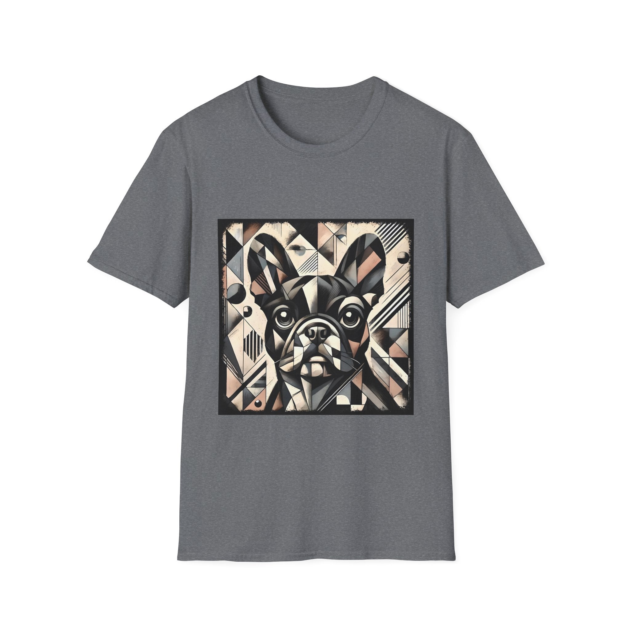 Graphite heather dog t-shirt featuring geometric French Bulldog in cubist tones of black, beige, cream, and soft blush.