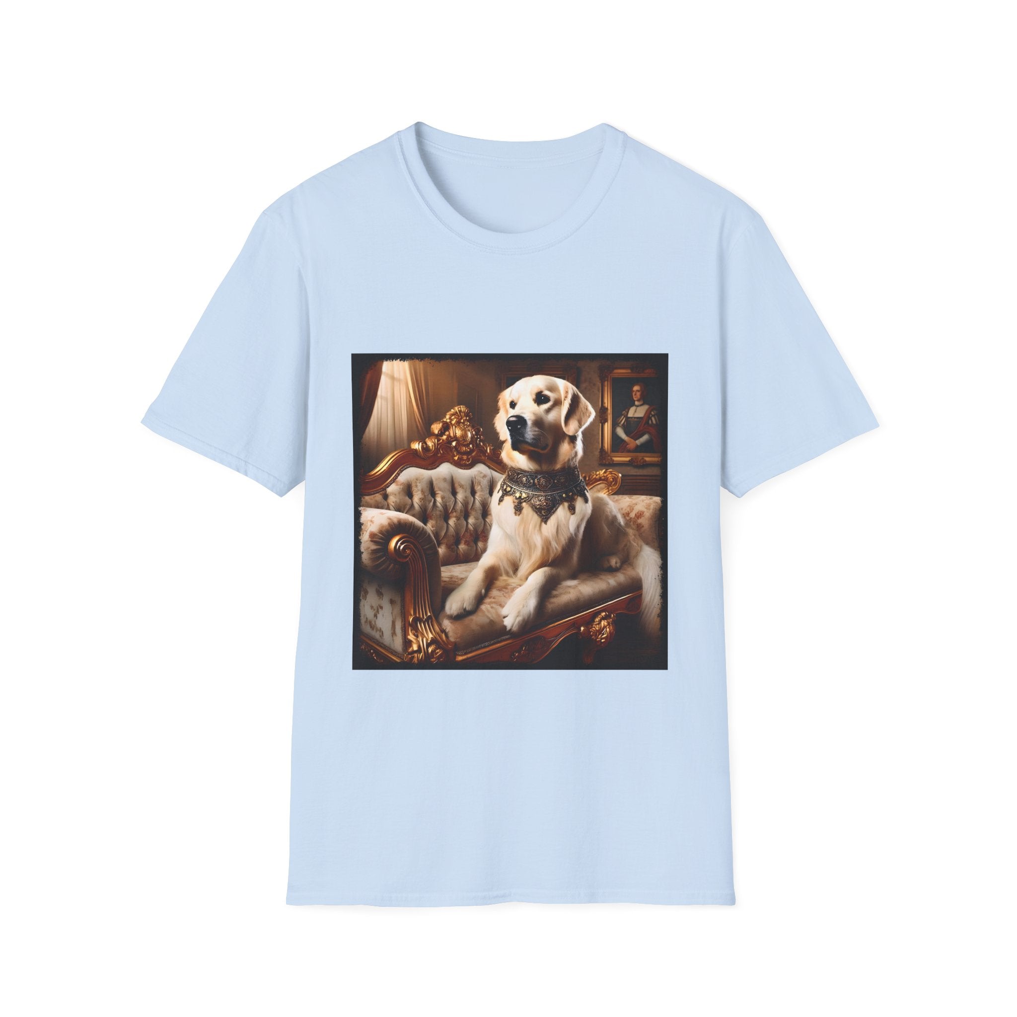 Light blue dog t-shirt featuring golden retriever in jeweled collar on ornate cream and gold settee, regal setting.