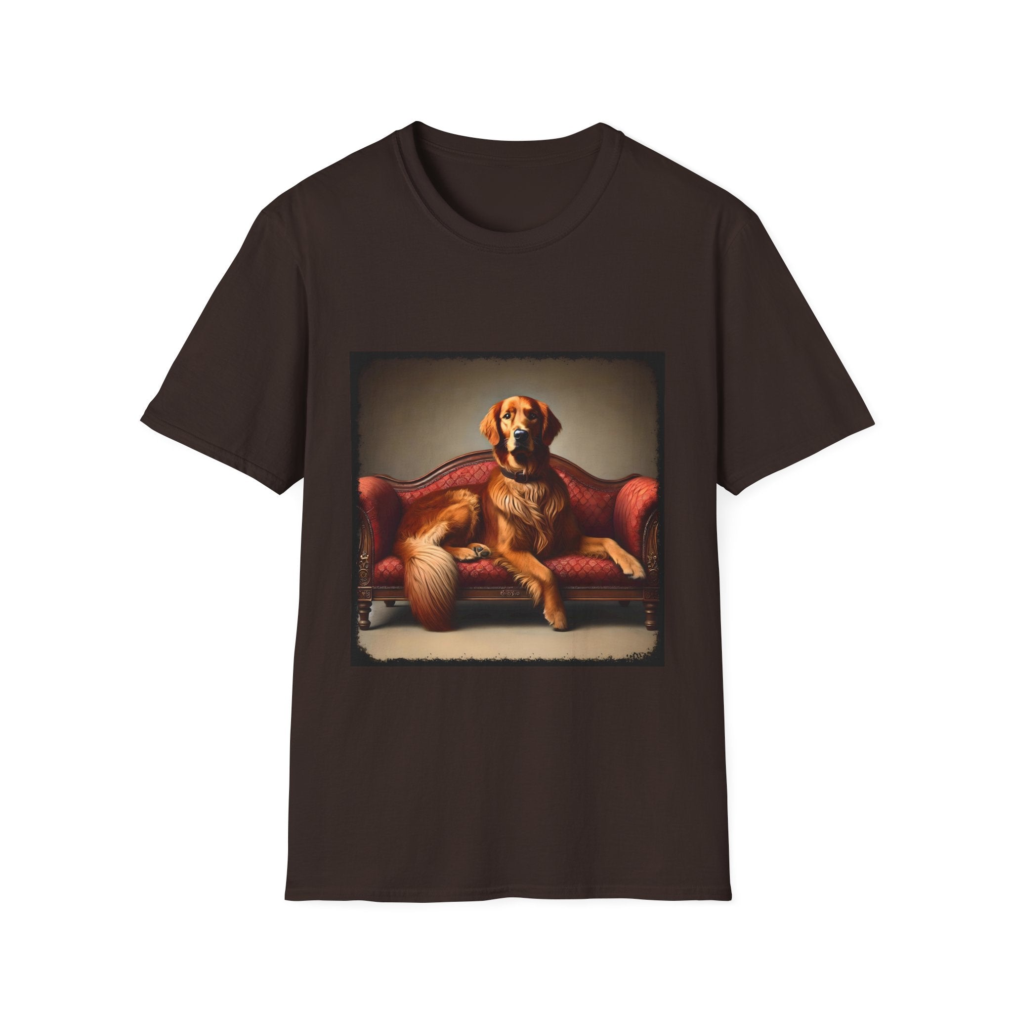Dark chocolate dog t-shirt with golden retriever lounging on vintage red settee with regal posture.