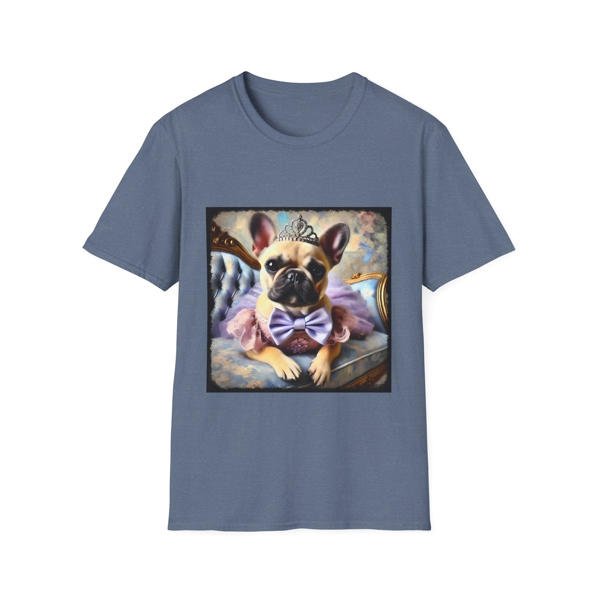 Denim Blue dog t-shirt featuring French Bulldog wearing tiara, purple tutu, and bow, seated on royal chair with pastel background.